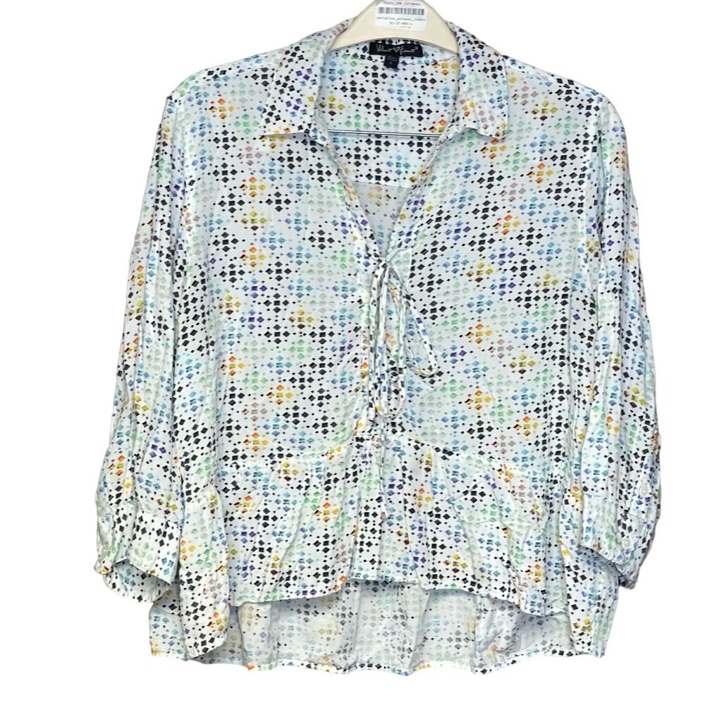 Velvet Heart pullover top white colorful tie vneck ruffle waistline size large